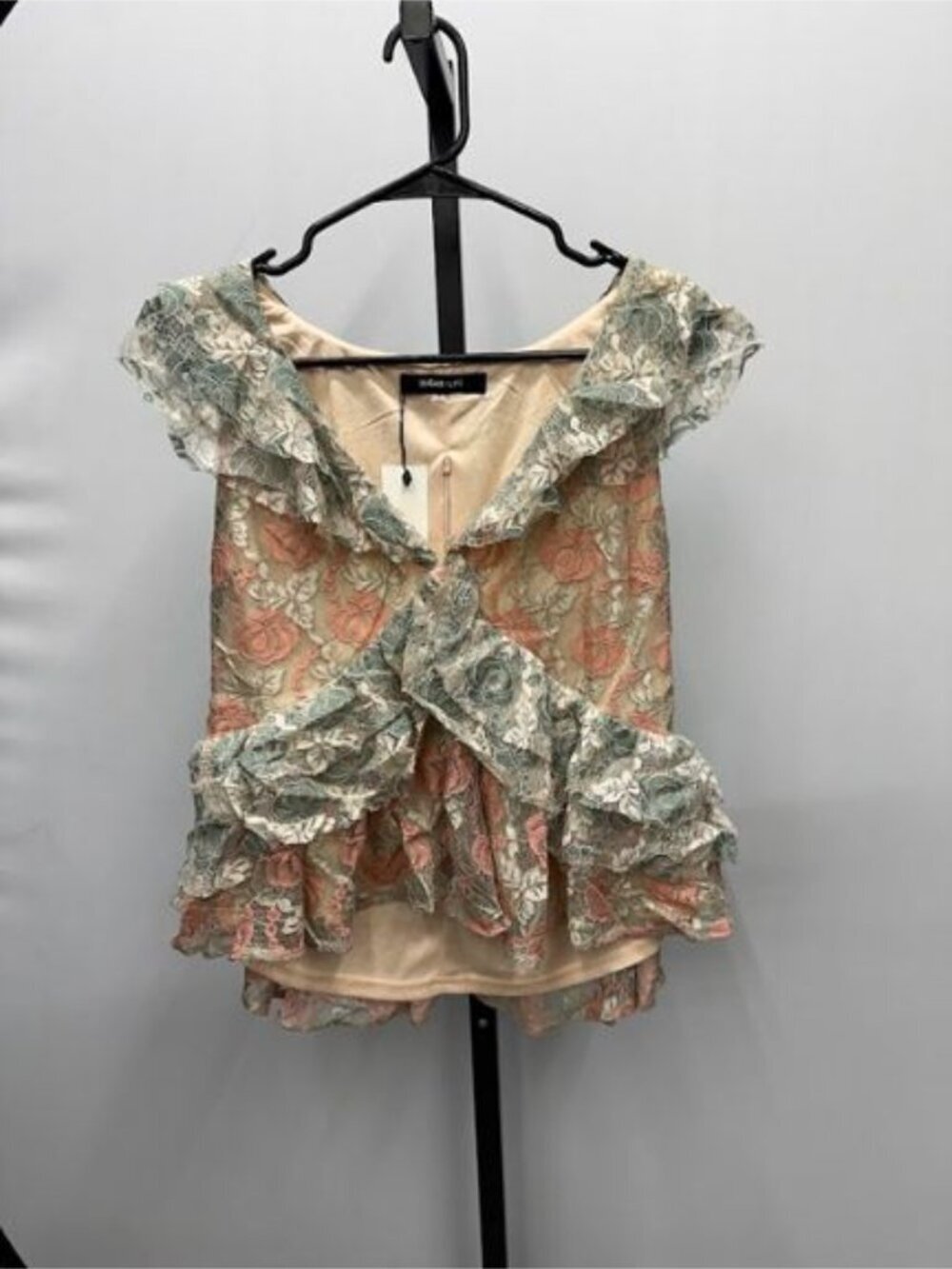 Sugar Lips Nude Pastel Lace V-Neck Flutter Sleeve Ruffle Blouse